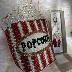 Haute Hippie Popcorn Bag Charm/Keychain and handcrafted beaded popcorn purse.